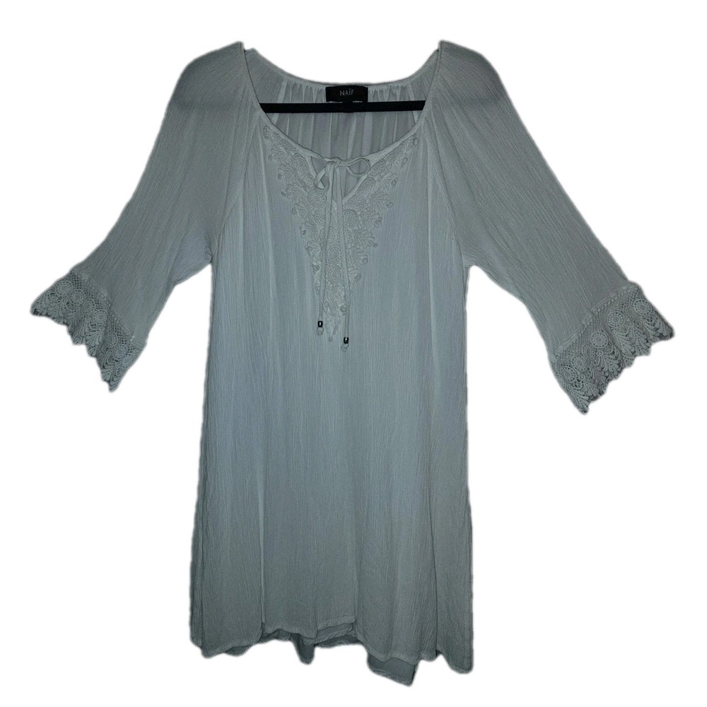 NAIF Boho White Peasant Dress Large Anthropologie Embroidered Tassel Fairycore